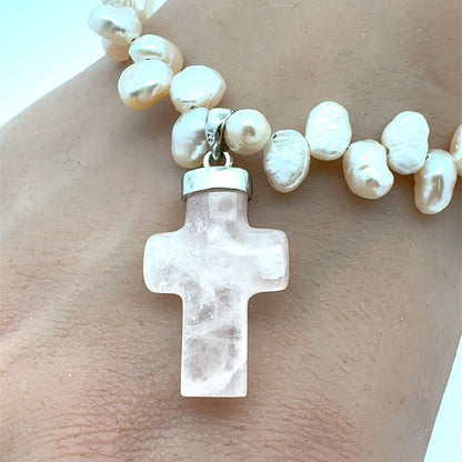 Estate 925 Sterling Silver Pink Rose Quartz Cross Charm Pearl Beaded Bracelet