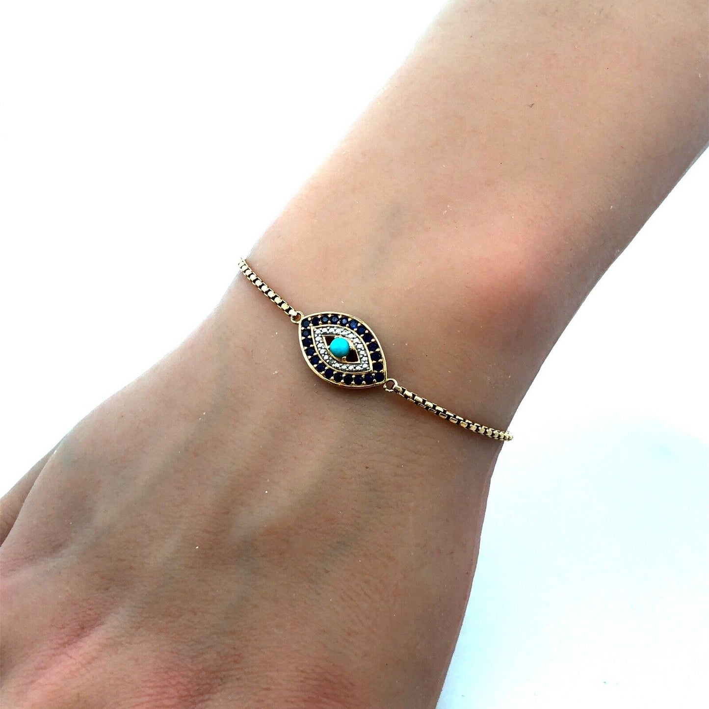 925 Sterling Silver Vermeil Designer PAJ Sapphire Turquoise Evil Eye Bracelet
