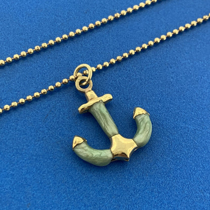 Designer Sheila Fajl Gold Tone Mint Green Anchors Away Beaded Chain Necklace