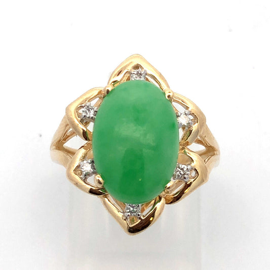 Designer 14K Yellow Gold Oval Jade Cabochon Diamond Accent Cocktail Ring