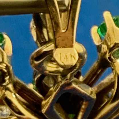 Vintage 14K Yellow Gold Diamond and Emerald Flower Snowflake Statement Pendant