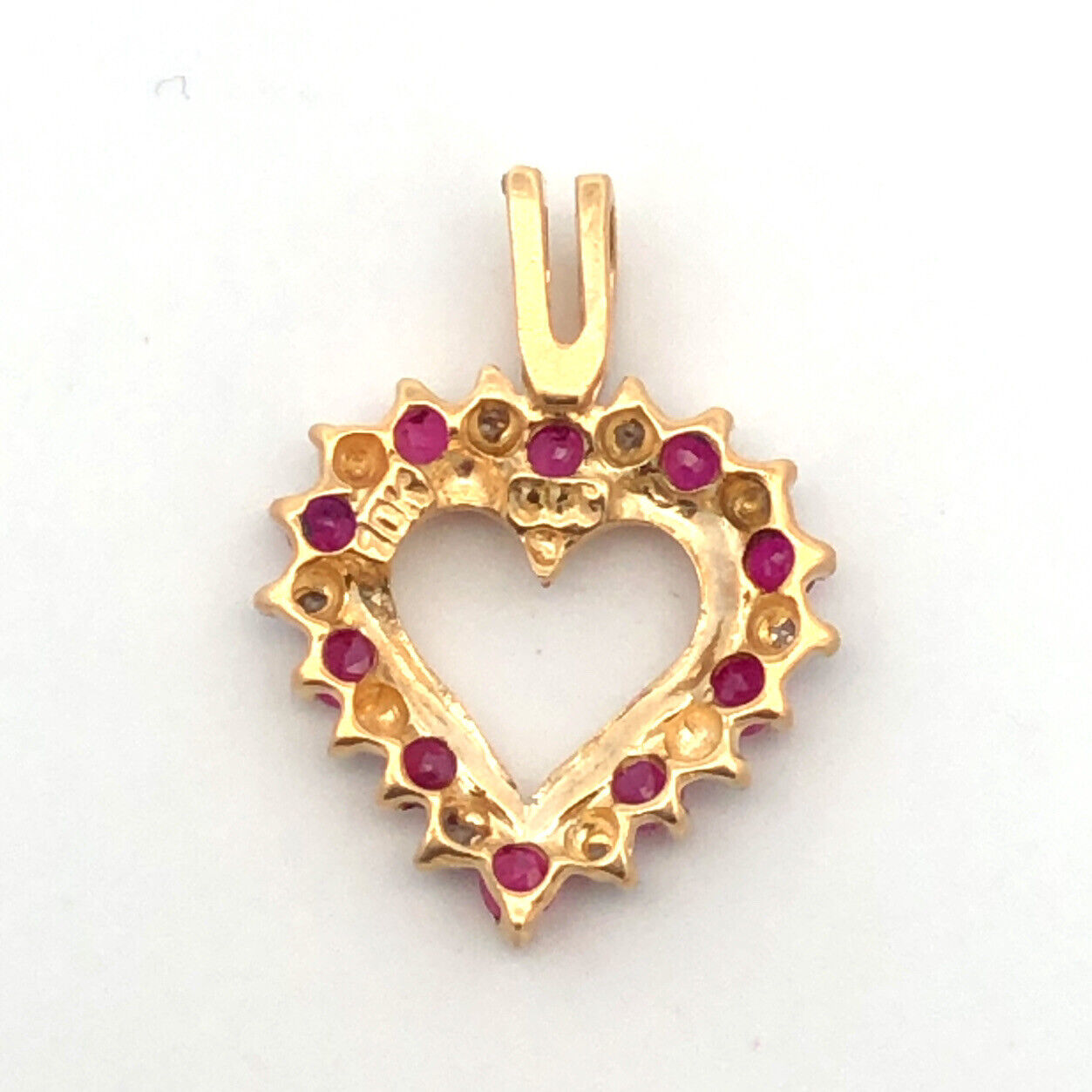 Designer CCC 10K Yellow Gold Round Ruby Diamond Cutout Love Heart Petite Pendant