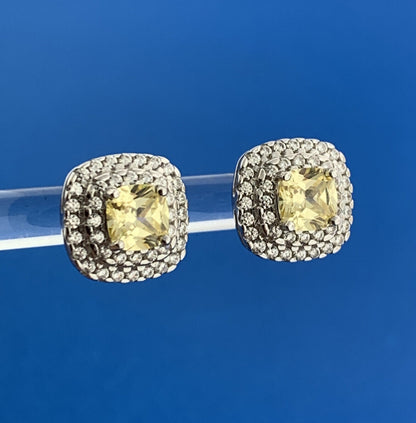 Stunning Sterling Silver 925 Cushion Cut Lemon Quartz CZ Accent Stud Earrings