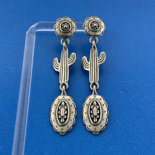 1970 s Jonette JJ Pewter Cactus Concho Soutwestern Statement Dangle Earrings