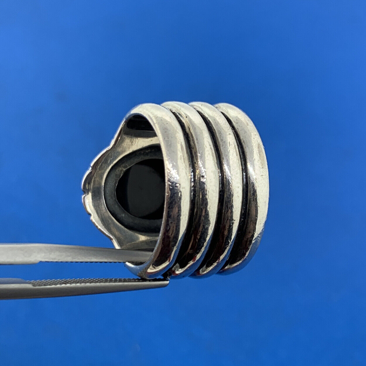 Designer 925 Sterling Silver Oval Black Onyx Cabochon Ribbed Statement Ring