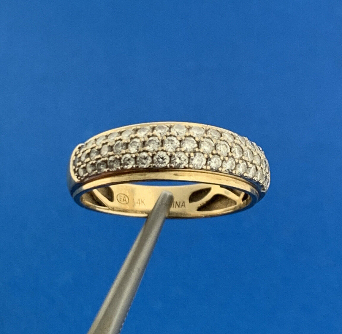 Designer EA 14K Yellow Gold Pave Diamond Anniversary Eternity Wedding Band Ring