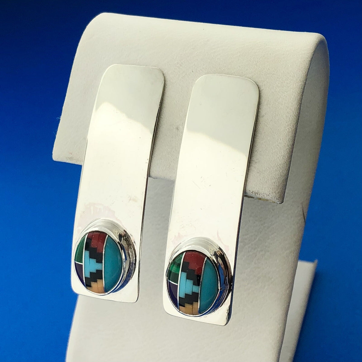 Navajo Designer Willie Saiz Sterling Silver 925 Multi-Stone Inlay Stud Earrings