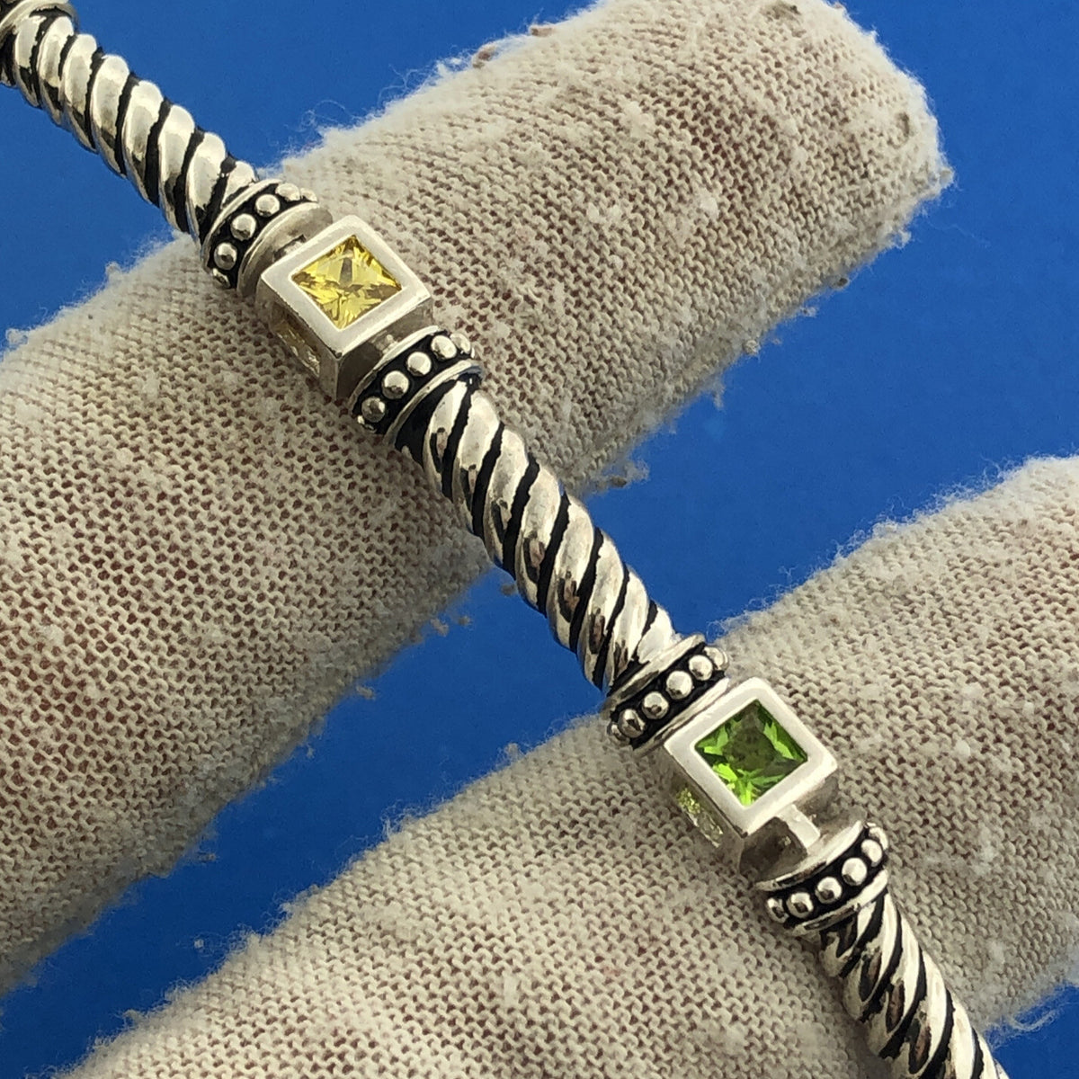 Estate 925 Sterling Silver Princess Cut Multicolor Cubic Zirconia CZ Bracelet