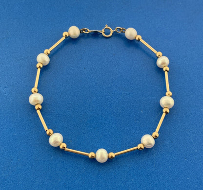 14K Yellow Gold Pearl & Gold Bead Bar June Wedding Anniversary Bracelet