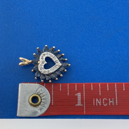 Designer 10k Yellow Gold Marquise Blue Sapphire Diamond Accent Heart Pendant