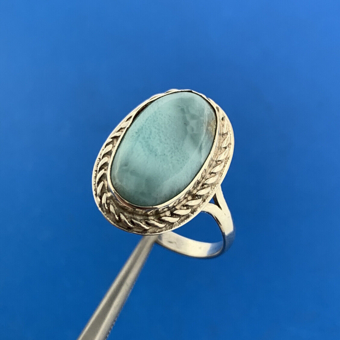 Vintage 925 Sterling Silver Larimar Pectolite Oval Cabochon Cocktail Ring