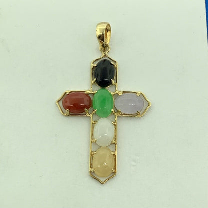 14K Yellow Gold Jade Onyx Coral Multi Gemstone Cabochon Cross Pendant