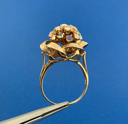 Mid Century 14K Yellow Gold Opal Flower Cluster Ribbon Statement Cocktail Ring