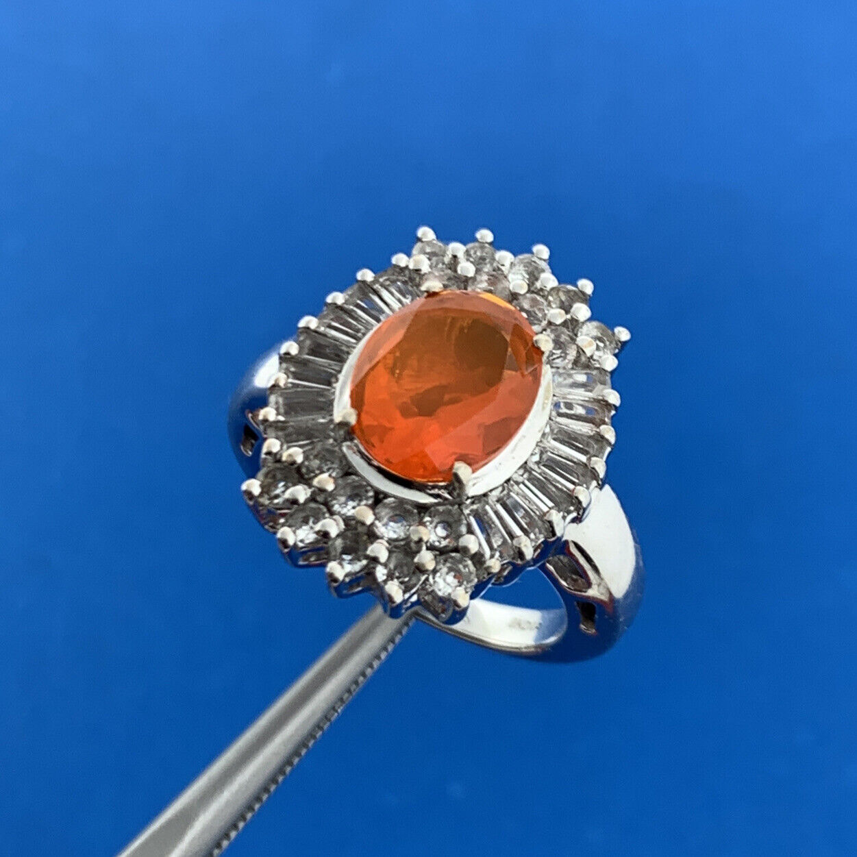 Designer 925 Sterling Silver Fire Opal White Topaz Halo Accented Cocktail Ring