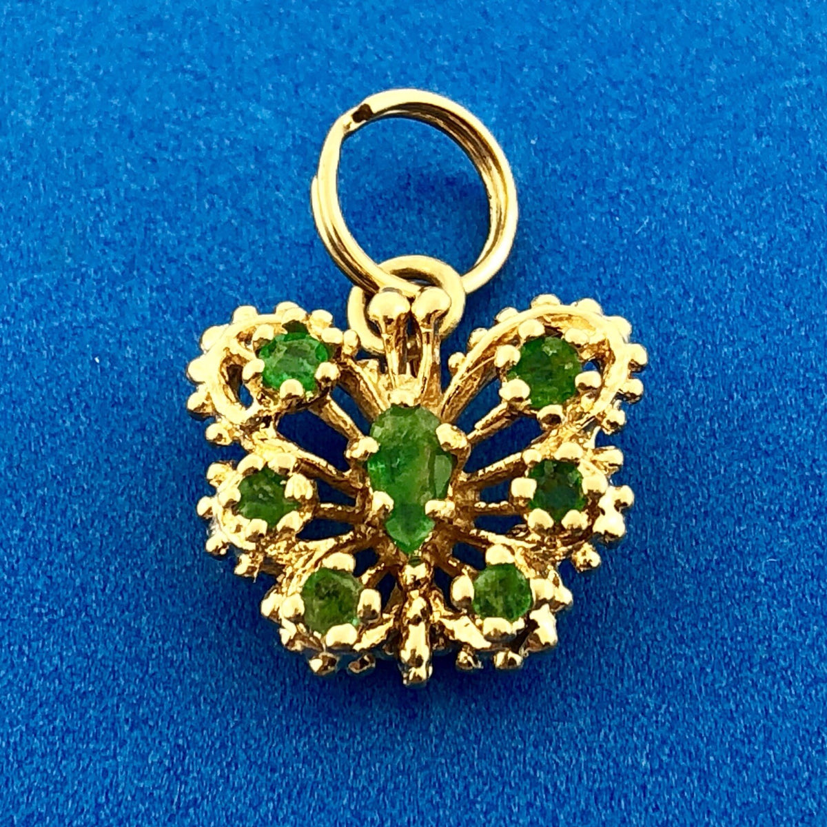 Charming Vintage 14K Yellow Gold Emerald Butterfly Filigree Charm Pendant