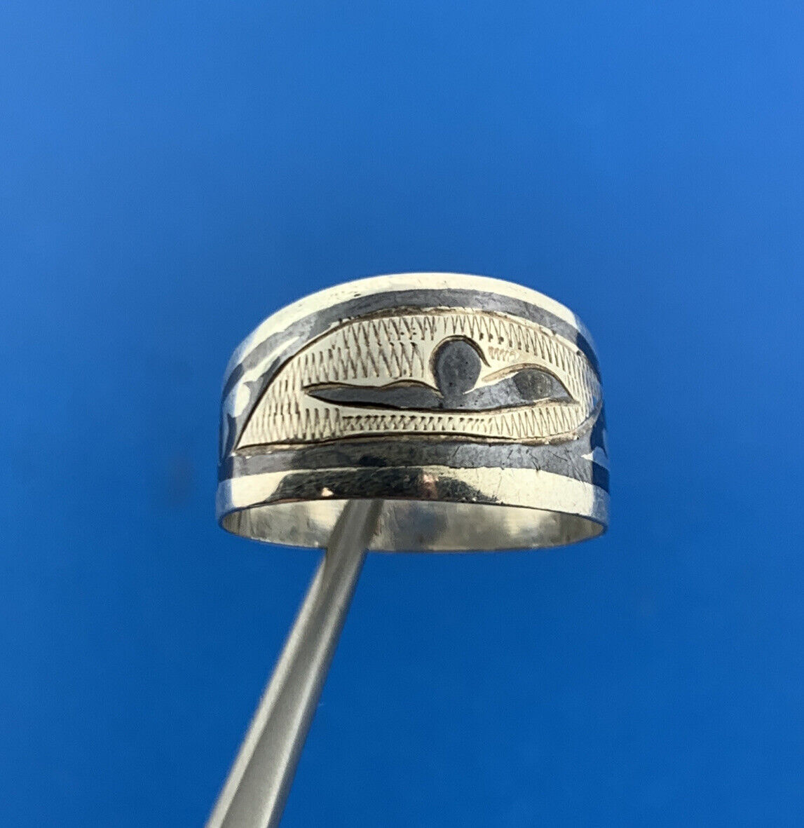 Vintage 925 Sterling Silver Niello Floral Design Statement Cigar Band Ring