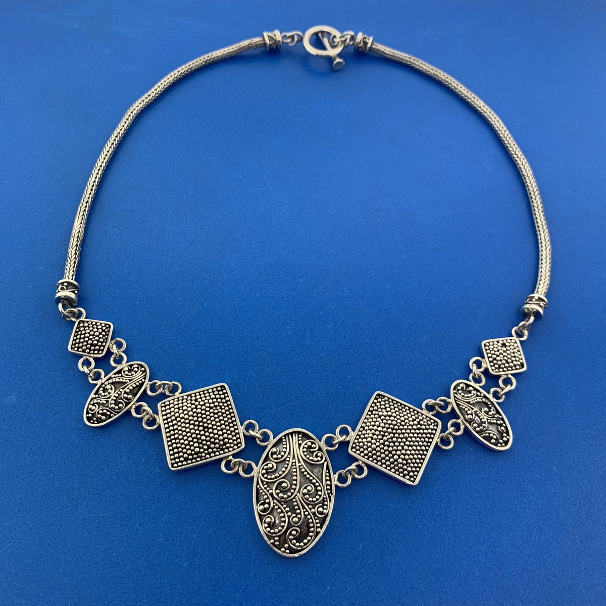 Retro BA Suarti Sterling Silver Balinese Scroll Dot Statement Toggle Necklace