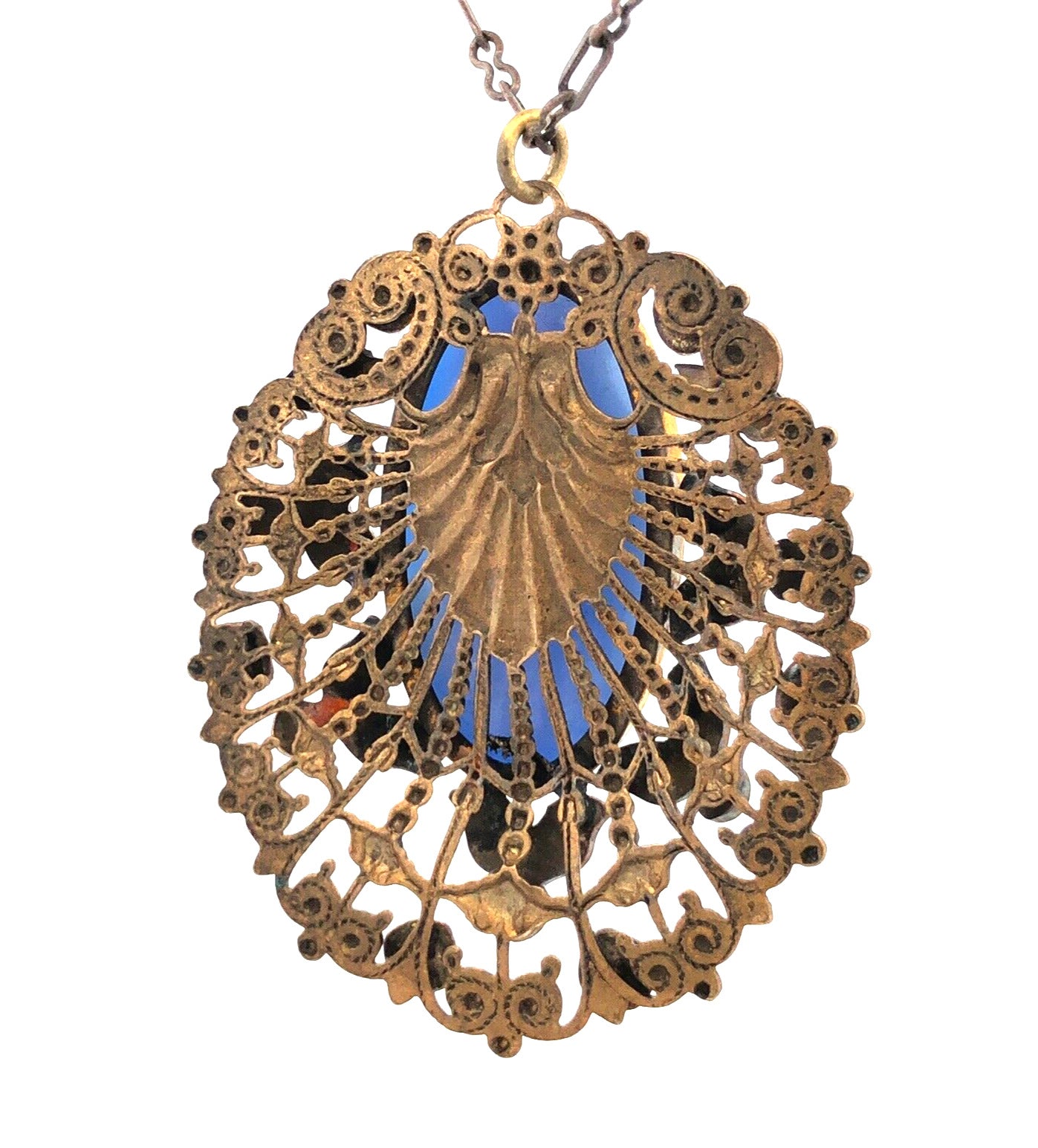 Vintage Bronze Toned Blue Enamel Rhinestone Glass Filigree Pendant Necklace