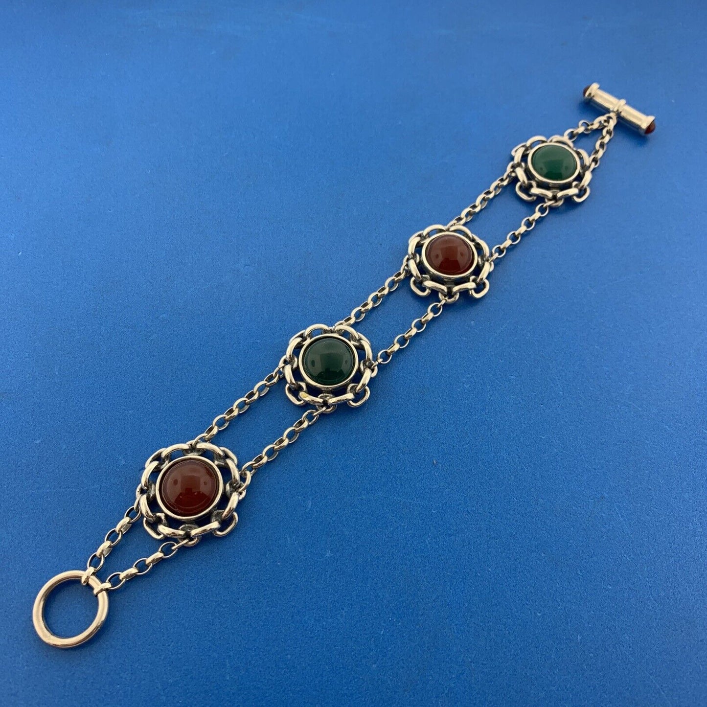 Vintage Italy Sterling Silver Red Carnelian Green Onyx Floral Toggle Bracelet
