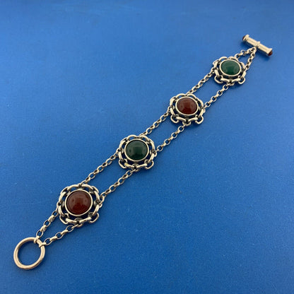 Vintage Italy Sterling Silver Red Carnelian Green Onyx Floral Toggle Bracelet