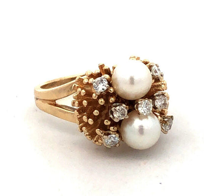 Designer EAG 14K Yellow Gold Round Pearl Diamond Textured Dome Statement Ring
