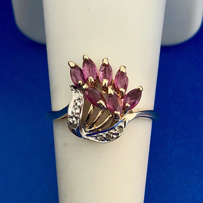 Vintage Designer THL 10K Yellow Gold Pink Spinel Diamond Cluster Cocktail Ring