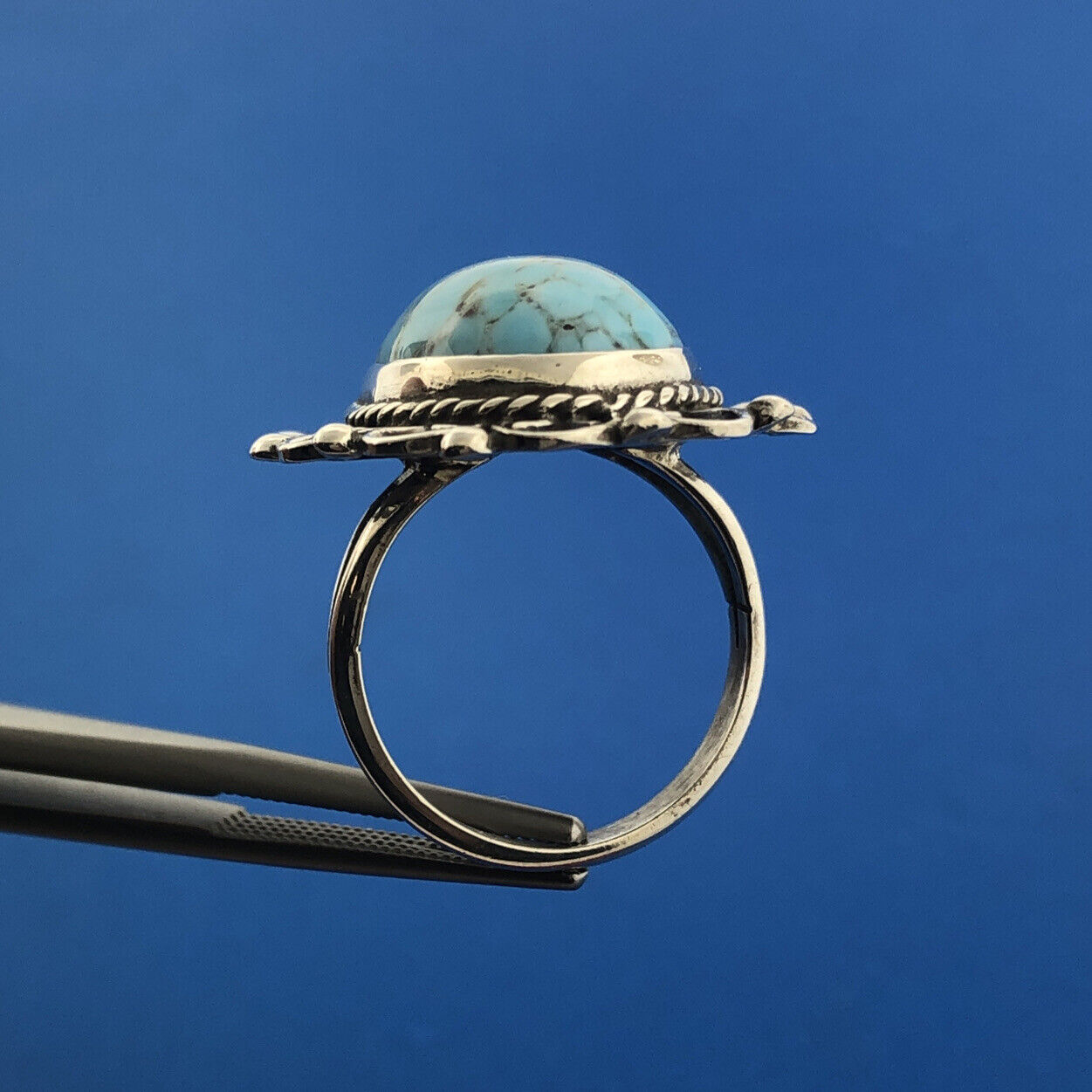 Taxco Mexican Designer LM Sterling Silver 925 Sky Blue Art Resin Ring Size 6.25