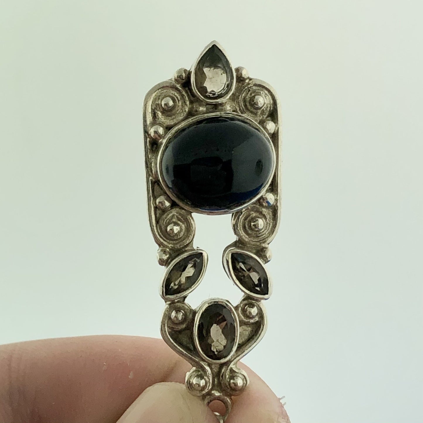 Retro 925 Sterling Silver Black Onyx Smoky Quartz Bead Scroll Dangle Earrings