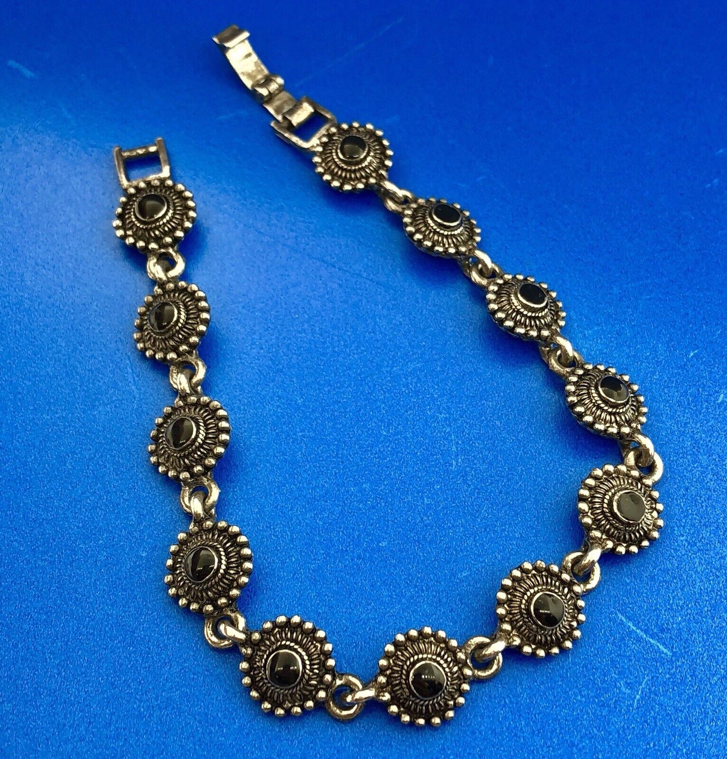 Charming Silver Tone Black Onyx Cabochon Floral Petite Bead Panel Bracelet