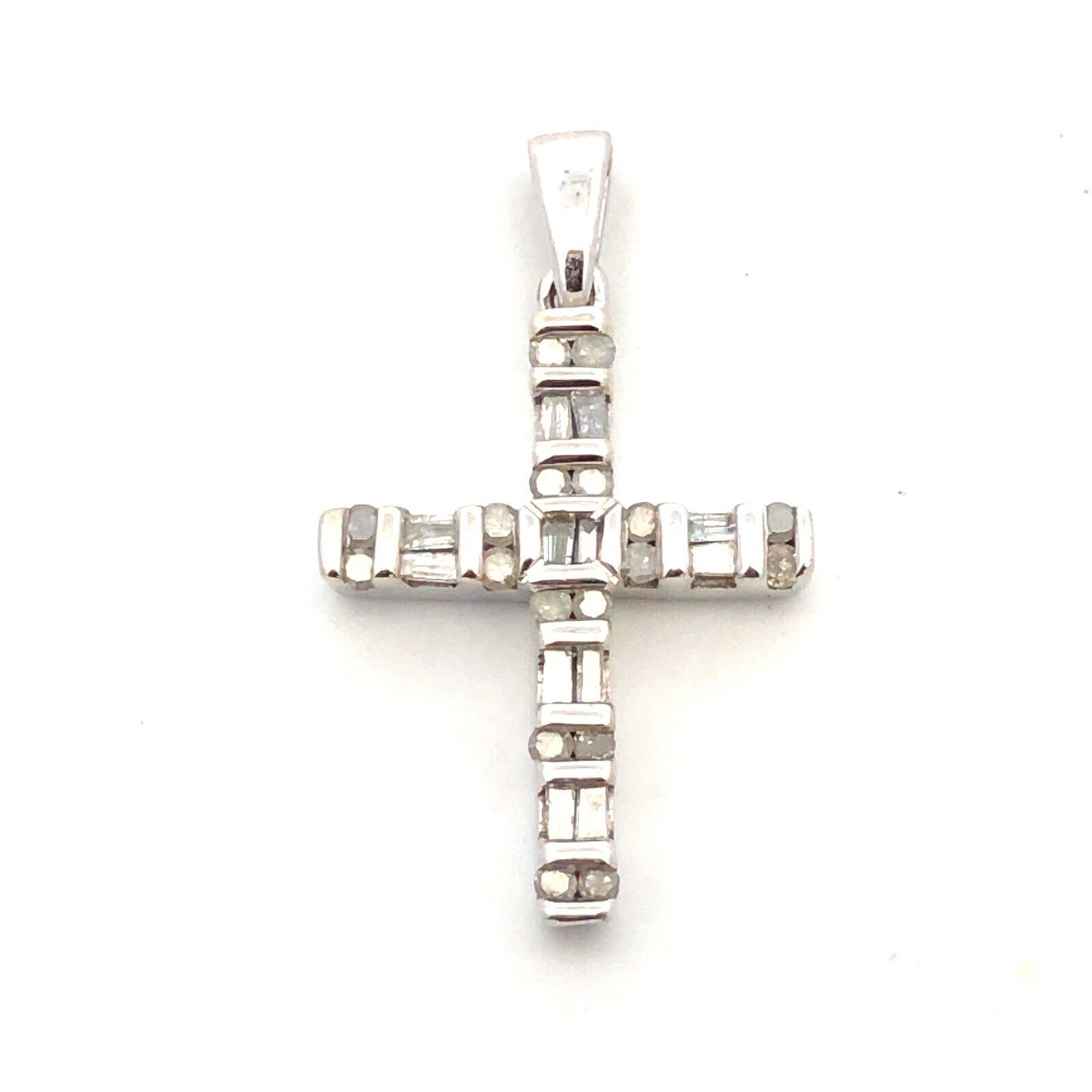 Designer SNJ 10K White Gold Round Baguette Diamonds Cross Pendant