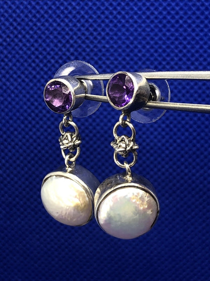925 Sterling Silver Amethyst Mother of Pearl Round Drop Dangle Earrings