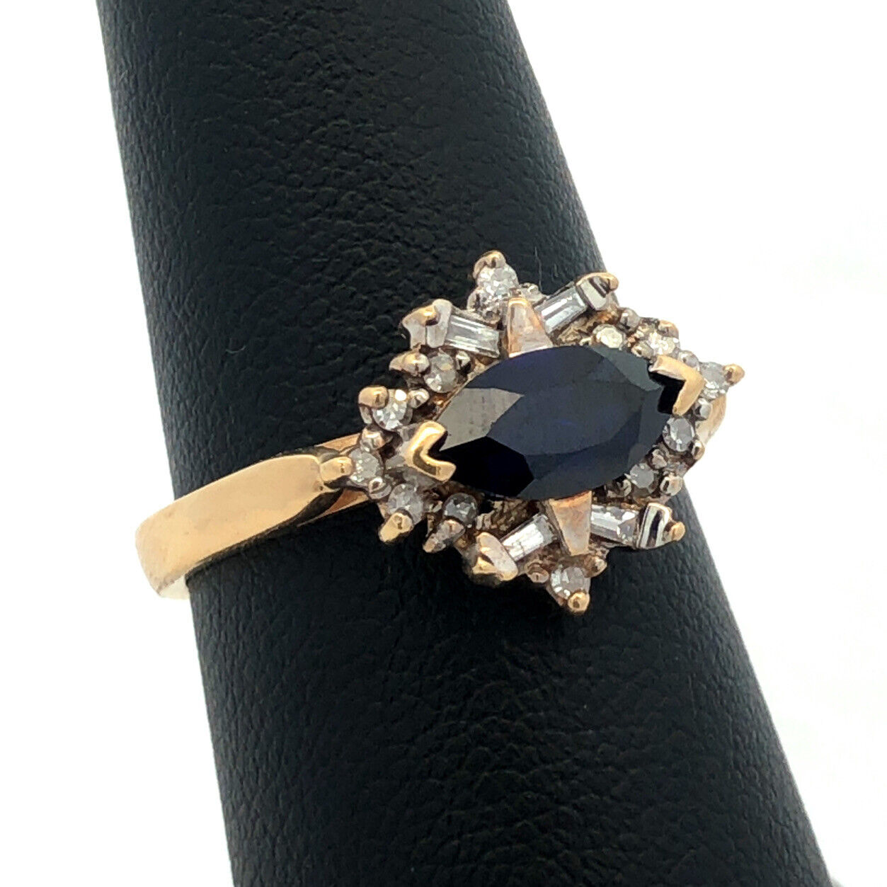 14k Yellow Gold Designer Marquise Cut Blue Sapphire Diamond Accented Ring