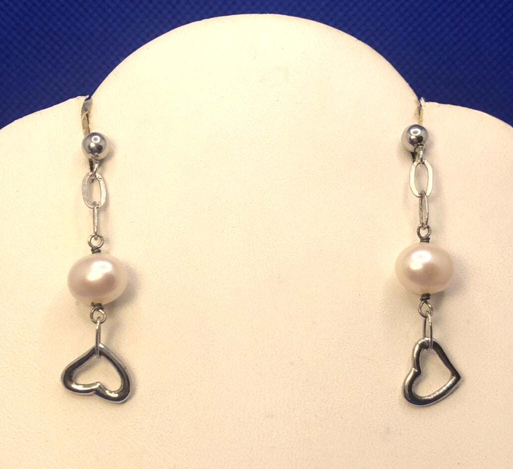 Pearl 925 Sterling Silver Heart Valentines Chain Dangle Stud Earrings