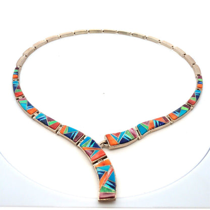 Calvin Begay Navajo Sterling Silver Gemstone Inlay Statement Collar Necklace
