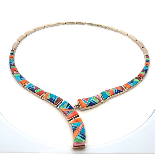 Calvin Begay Navajo Sterling Silver Gemstone Inlay Statement Collar Necklace