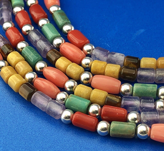 Designer Sterling Silver Turquoise Coral Amethyst Japser Tigers Eye Necklace