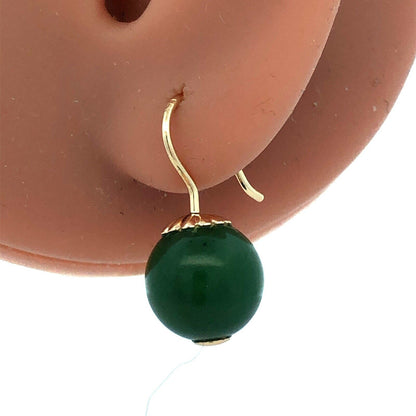 Estate 14K Yellow Gold Round Jade Ball Hook Dangle Earrings