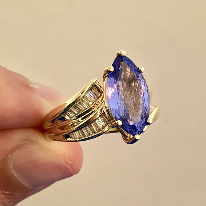 Designer 14K Yellow Gold Tanzanite Marquise Solitaire Diamond Accent Ring