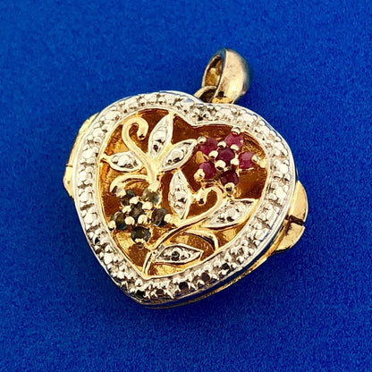 Vintage 925 Sterling Silver Vermeil Two Tone Sapphire Ruby Heart Locket Pendant