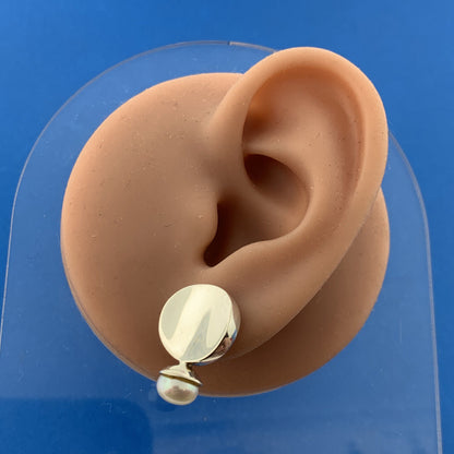 Designer 925 Sterling Silver White Pearl Modernist Concave Circle Stud Earrings