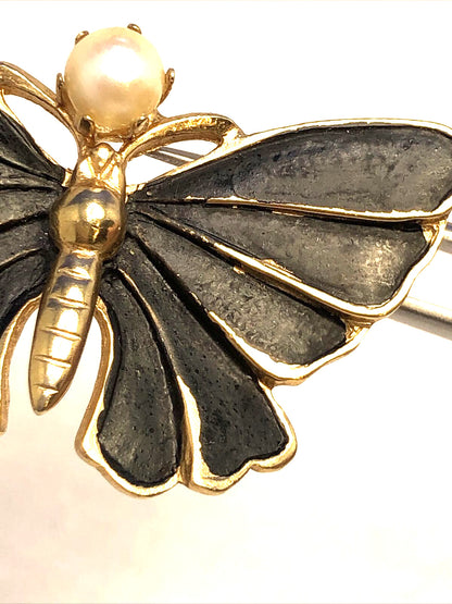 Vintage Designer Kramer Gold Tone Faux Pearl Black Enamel Moth Butterfly Brooch