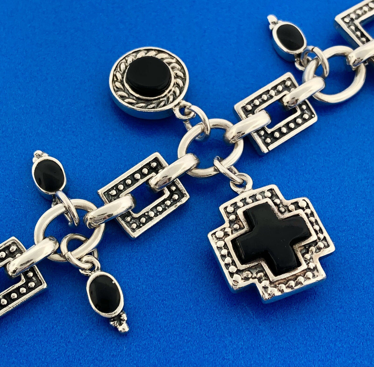 Vintage Mexico 925 Sterling Silver Black Onyx Heart Cross Toggle Charm Bracelet