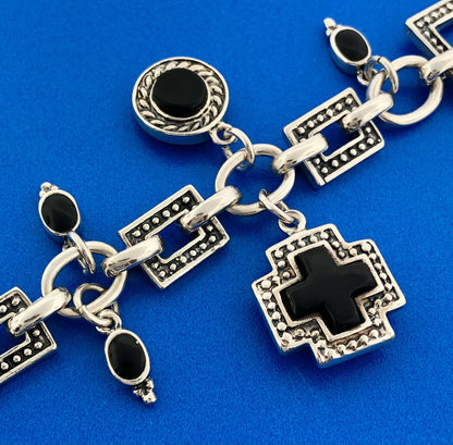 Vintage Mexico 925 Sterling Silver Black Onyx Heart Cross Toggle Charm Bracelet
