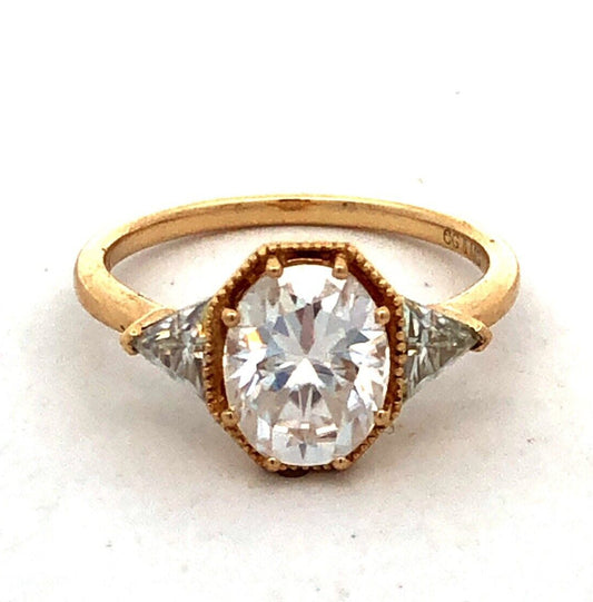 Designer CG&MG 18K Yellow Gold Oval Moissanite Trillion Accent Engagement Ring