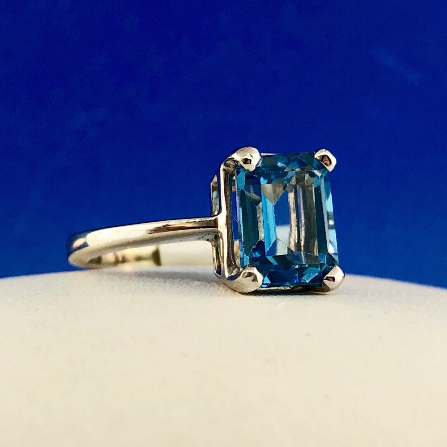 14K White Gold Emerald Cut Blue Topaz Solitaire Statement December Occasion Ring