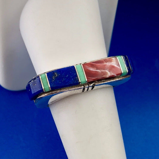 Vintage Native American Artisan 925 Sterling Silver Lapis Turquoise Coral Ring