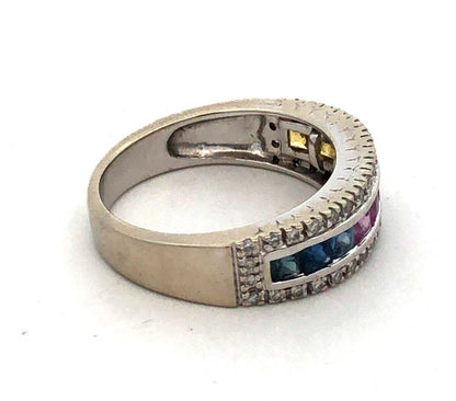 Designer 14K White Gold Multi Gemstone Diamond Mother's Anniversary Band Ring