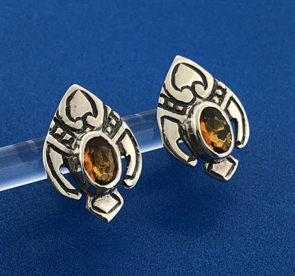 Vintage Sterling Silver 925 Oval Gold Quartz Concho Phoenix Design Earrings