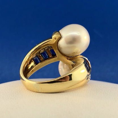 Estate 18K Yellow Gold Diamond Sapphire Pearl Bypass Cocktail Dinner Ring