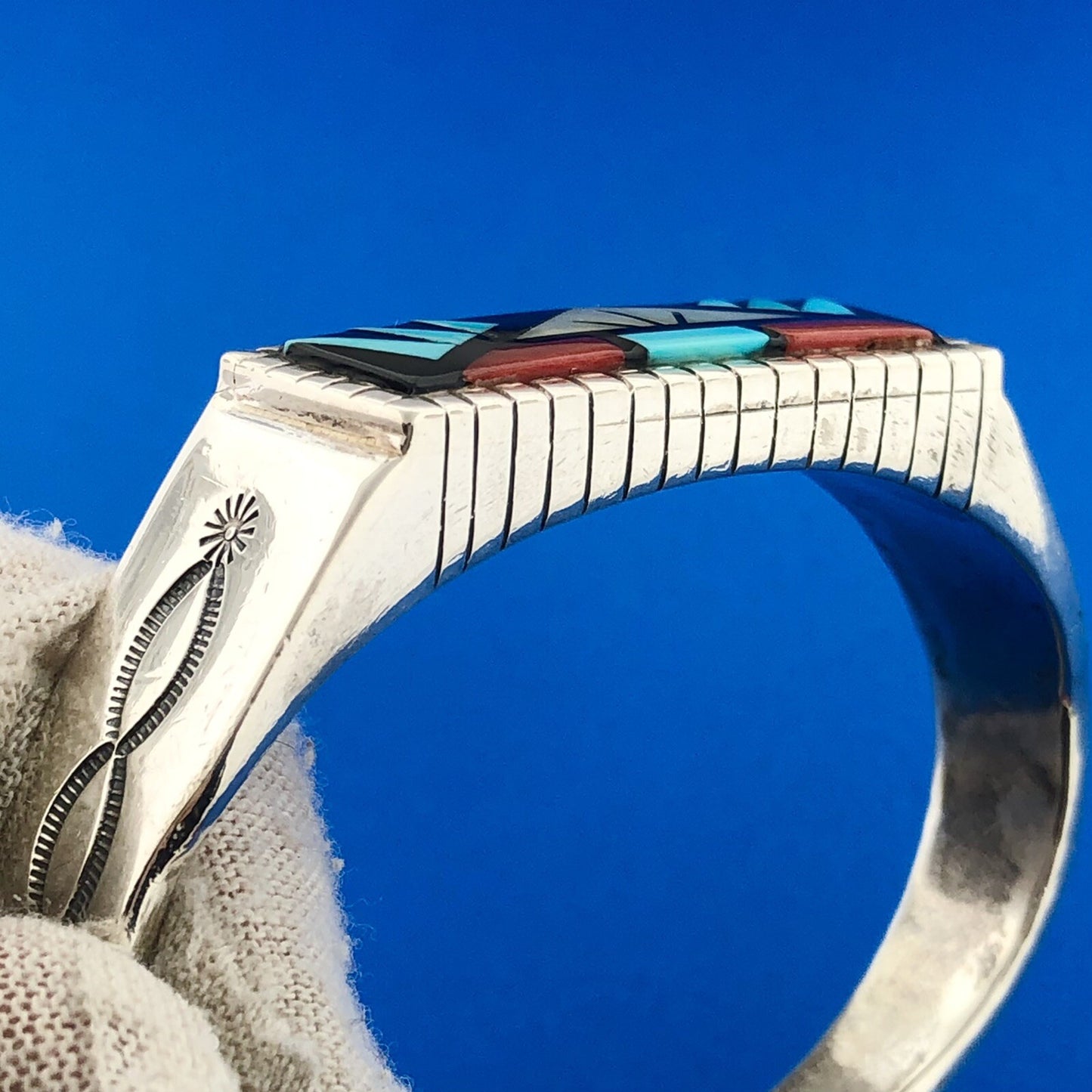 Rare Kee Montoya Navajo Sterling Silver Multi Gem Inlay Statement Cuff Bracelet